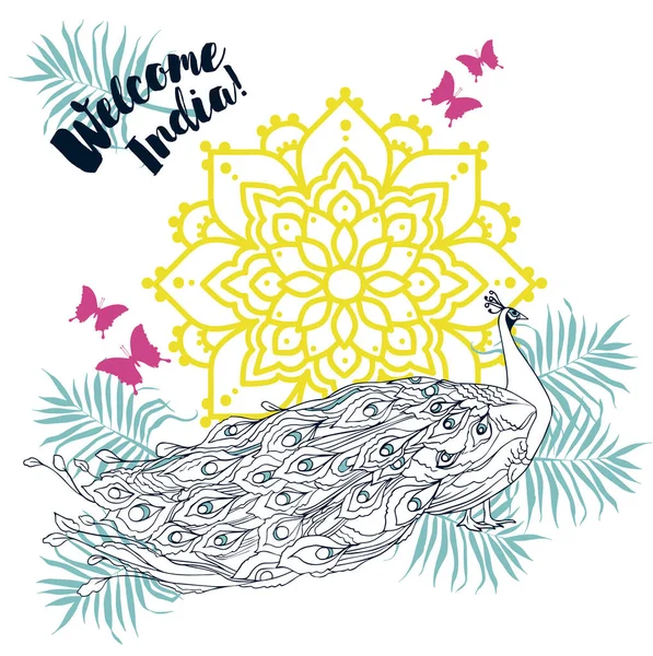 Welcome India Banner Con Hermoso Pavo Real Mandala Decoración Tropical — Vector de stock