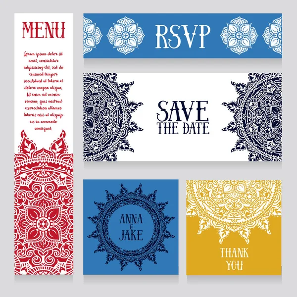 Set Wedding Cards Mandala Ornaments Vector Illustration — Stock Vector