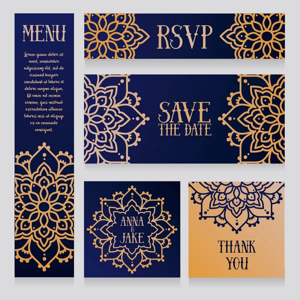 Σετ Από Κάρτες Γάμου Χρυσή Μάνταλα Στολίδια Αραβικό Στυλ Εικονογράφηση — Διανυσματικό Αρχείο