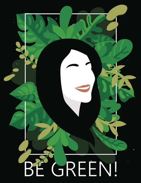 Affiche Green Avec Jeune Dame Souriante Cadre Forme Feuilles Illustration — Image vectorielle