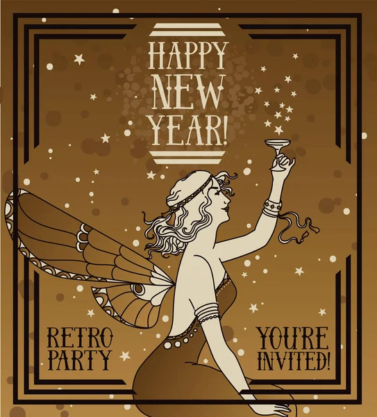 Beautiful Poster Happy New Year Art Deco Style Fairy Woman — Stock Vector
