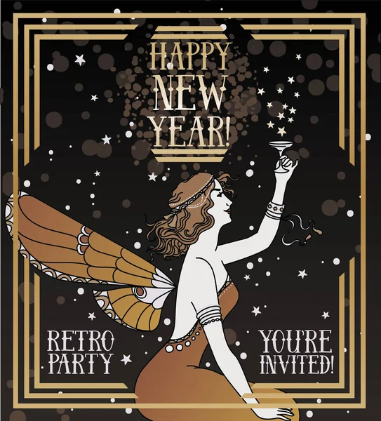Beautiful Poster Happy New Year Art Deco Style Fairy Woman — Stock Vector