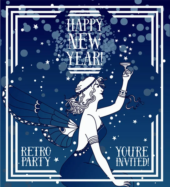 Prachtige Poster Voor Gelukkig Nieuwjaar Art Decostijl Met Fairy Vrouw — Stockvector