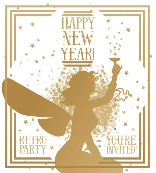 Banner Happy New Year Art Deco Style Fairy Woman Silhouette — Stock Vector