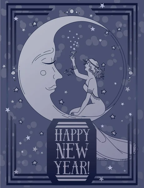 Card Happy New Year Art Deco Style Witn Crescent Retro — Stock Vector