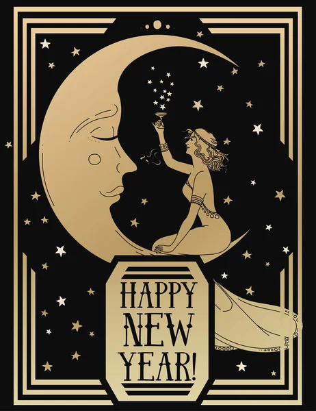 アールデコ スタイルの予測に基づく三日月とシャンパン ベクトル図を飲んでレトロな女性の幸せな新年のカード — ストックベクタ
