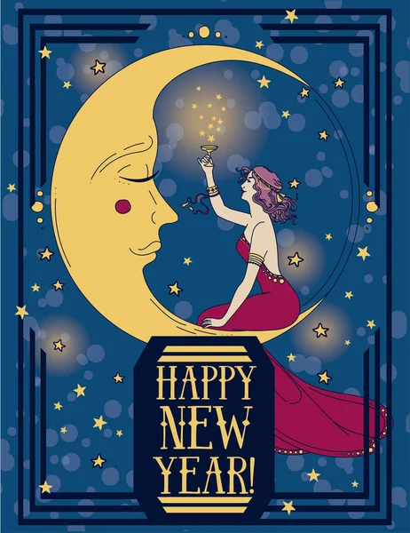 Card Happy New Year Art Deco Style Witn Crescent Retro — Stock Vector