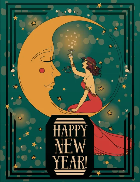 卡片为愉快的新年在艺术装饰样式 Witn 新月和复古妇女喝香槟酒 向量例证 — 图库矢量图片