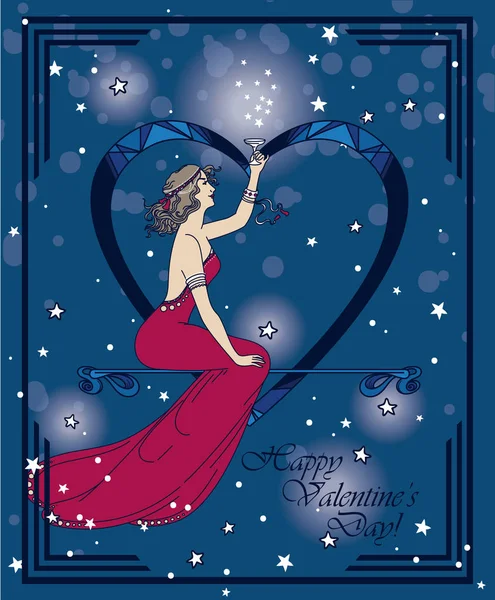 Card Valentine Day Art Deco Style Witn Retro Woman Drinking — Stock Vector
