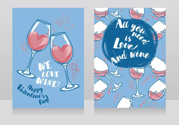 Zwei Karten Für Valentinstag Und Weinfest Können Als Menüabdeckung Für — Stockvektor