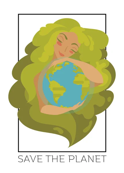 横幅与绿色头发拥抱我们的地球的自然妇女 可以使用作为贺卡为地球日或作为横幅为生态学组织 向量例证 — 图库矢量图片