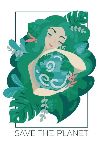 横幅与绿色头发拥抱我们的地球的自然妇女 可以使用作为贺卡为地球日或作为横幅为生态学组织 向量例证 — 图库矢量图片
