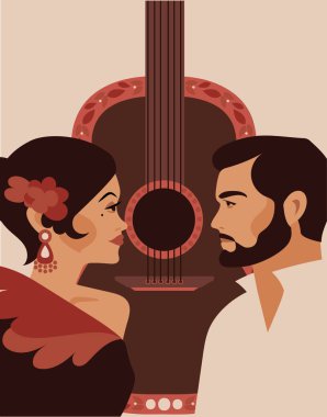 Flamenko gösterisi ve aşk, Geleneksel Çingene çift ve gitar, vektör çizim için poster