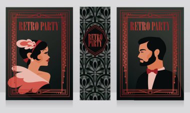 Retro tarzı partisi ile zarif hanımefendi ve beyefendi, vektör çizim için kart dizisini