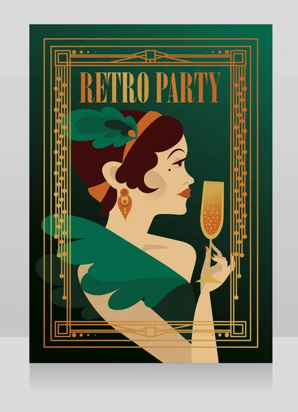 Poster Voor Retro Party Met Elegante Dame Drinken Champagne Vectorillustratie — Stockvector