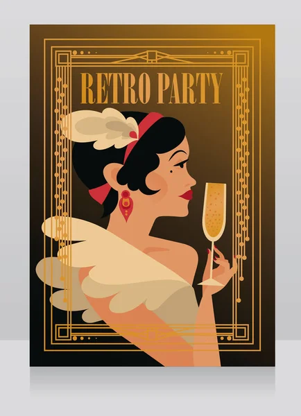 Poster Für Retro Party Mit Eleganter Dame Die Champagner Trinkt — Stockvektor