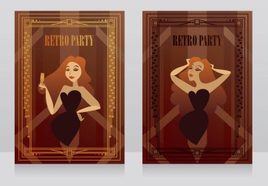 Zarif bayanlar ve şampanya, retro tarzı partisi için iki afiş kabare şov için kullanılabilir, illüstrasyon vektör