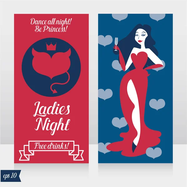 Zwei Karten Für Ladies Night Party Mit Glamour Frau Die — Stockvektor