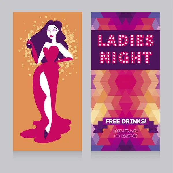 两张卡片为女士晚上党与魅力妇女喝香槟酒 可用于拉斯维加斯风格的党 矢量插图 — 图库矢量图片