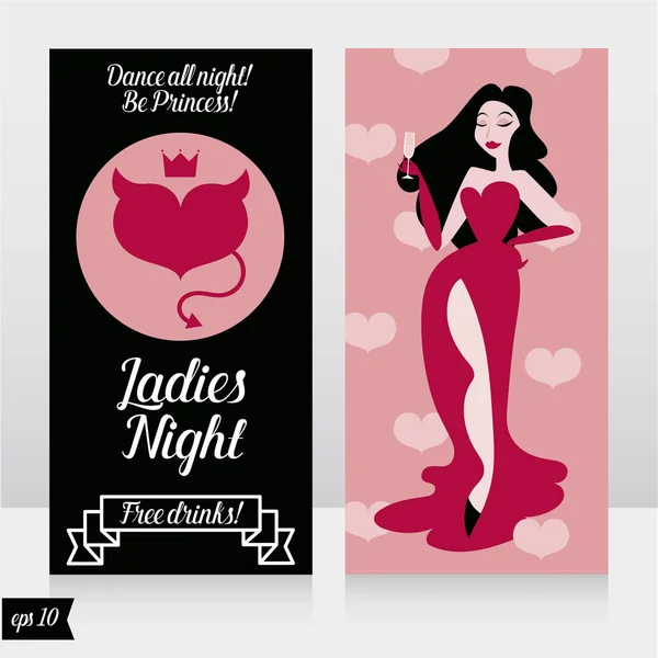 Δύο Κάρτες Για Κυρίες Night Κόμμα Glamour Γυναίκα Πίνοντας Σαμπάνια — Διανυσματικό Αρχείο