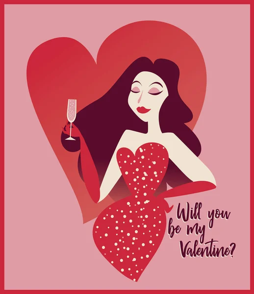 Affiche Pour Saint Valentin Avec Dame Glamour Buvant Champagne Coeur — Image vectorielle