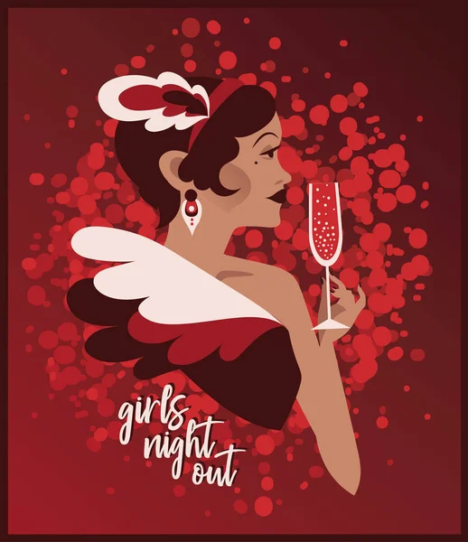 Affiche Pour Soirée Dames Avec Femme Rétro Buvant Champagne Peut — Image vectorielle