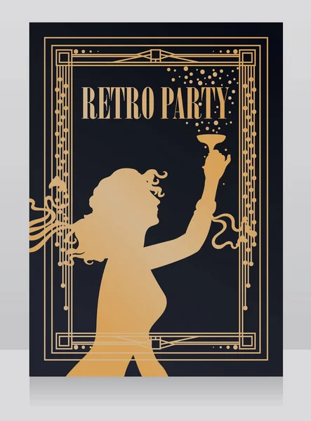 Old Fashioned Poster Art Nouveau Style Silhouette Woman Drinking Champagne — Stock Vector