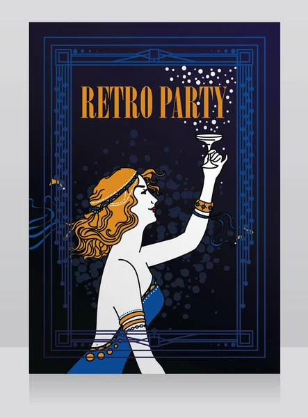 Старомодный Плакат Стиле Модерн Ретро Женщиной Пьющей Шампанское Классическую Рамку — стоковый вектор