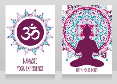 iki kart ile etnik mandala ve Buda siluet, om simge yoga stüdyosu için kullanılabilir, illüstrasyon vektör