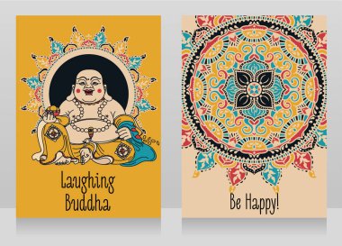 greeting cards with Laughing Buddha, traditional asian Feng Shui talisman Hotei or Budai for happiness, vector illustration  clipart