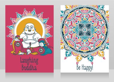tebrik kartları ile gülüyor Buda, geleneksel Asya Feng Shui tılsım otel veya Budai için mutluluk, illüstrasyon vektör 