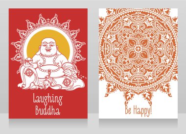 tebrik kartları ile gülüyor Buda, geleneksel Asya Feng Shui tılsım otel veya Budai için mutluluk, illüstrasyon vektör 