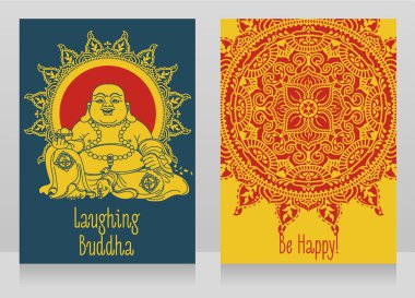 tebrik kartları ile gülüyor Buda, geleneksel Asya Feng Shui tılsım otel veya Budai için mutluluk, illüstrasyon vektör 