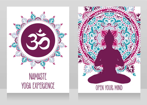 两张卡片与 符号在族群曼陀罗和佛陀剪影 可用于瑜伽演播室 向量例证 — 图库矢量图片