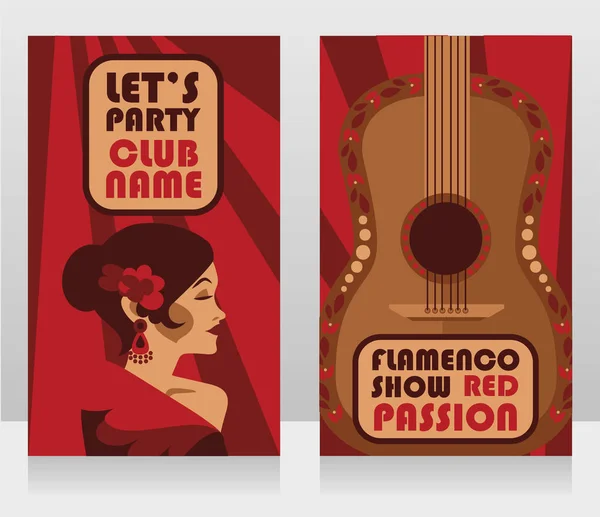 Δύο Πανό Για Παράσταση Φλαμένκο Παραδοσιακά Ισπανίδα Χορεύτρια Και Κιθάρα — Διανυσματικό Αρχείο