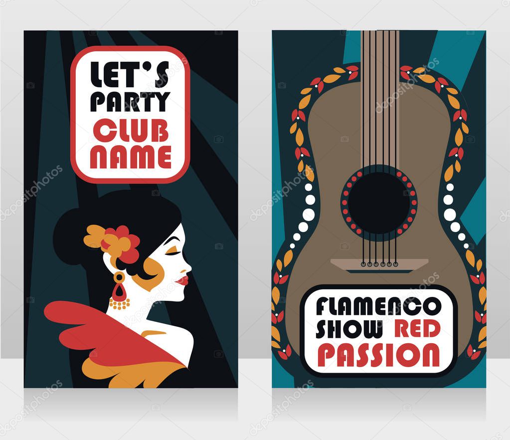 Two banners for flamenco show, traditional spanish dancer and guitar, vector illustration