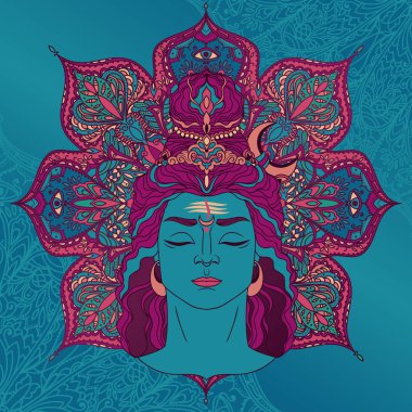 Shiva portrait on magical mandala, can be used as greeting card for Maha Shivratria, vector illustration clipart