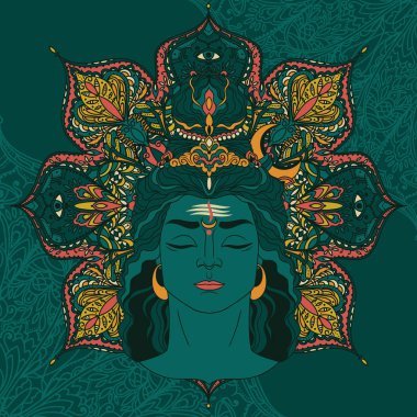 Büyülü Mandala Shiva portre, Maha Shivratria için tebrik kartı olarak kullanılabilir, vektör illüstrasyon