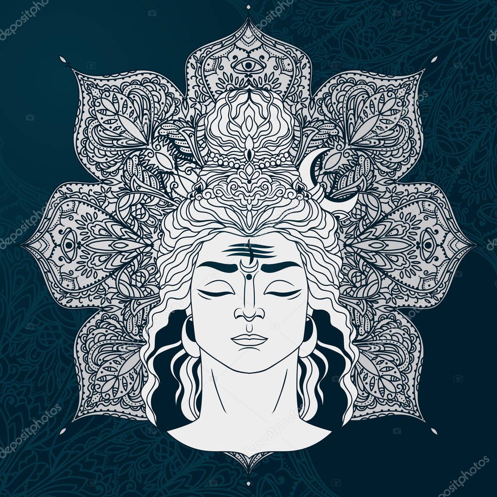 Shiva portrait on magical mandala, can be used as greeting card for Maha Shivratria, vector illustration