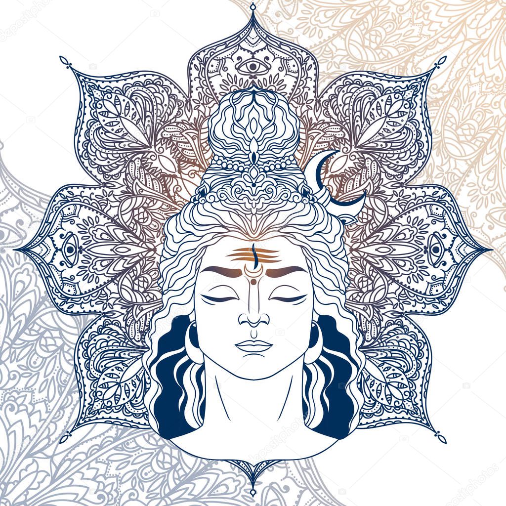 Shiva portrait on magical mandala, can be used as greeting card for Maha Shivratria, vector illustration