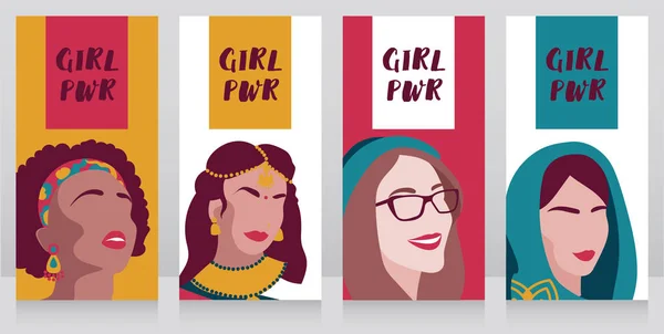 Banners Para Poder Las Niñas Con Diferentes Mujeres Ilustración Vectorial — Vector de stock