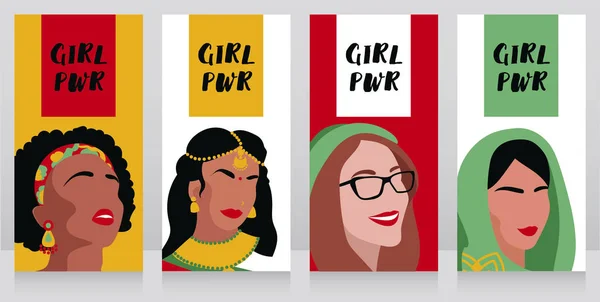 Banners Para Poder Las Niñas Con Diferentes Mujeres Ilustración Vectorial — Vector de stock