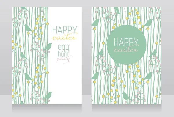 Cute Greeting Cards Easter Twigs Birds Pastel Palette Vector Illustration — Stock Vector