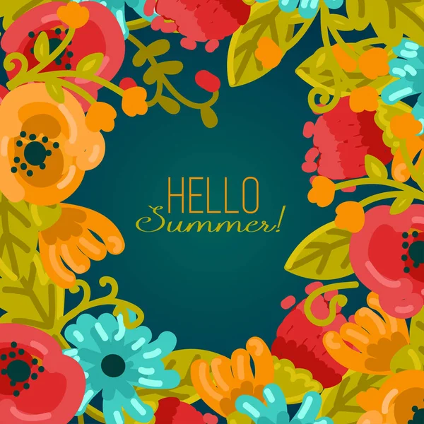 Hello Summer Affisch Med Colorul Blommig Ram Vektor Illustration — Stock vektor