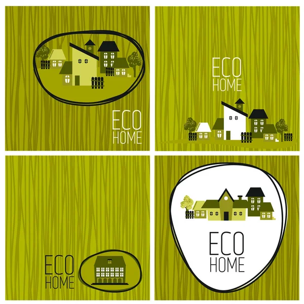 Four Cards Eco Building Eco Village Sprout Decoration Vector Illustration — Stock Vector