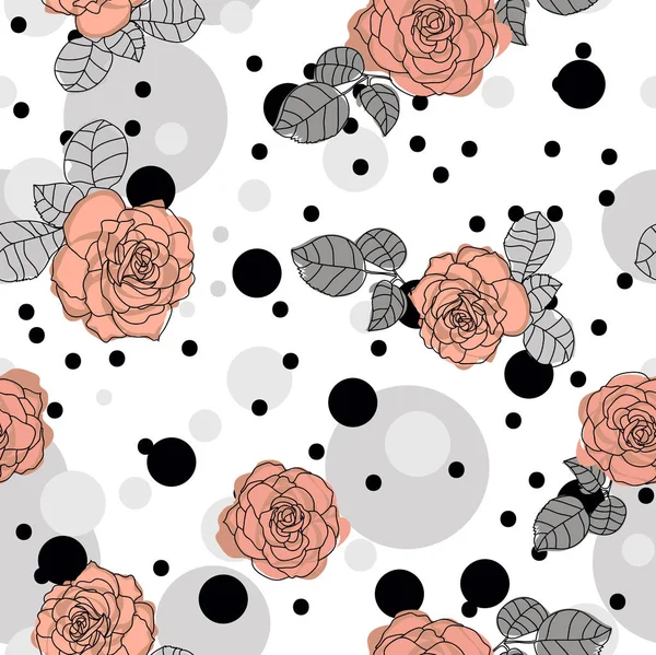 Motif Sans Couture Tendre Avec Des Roses Des Points Gris — Image vectorielle
