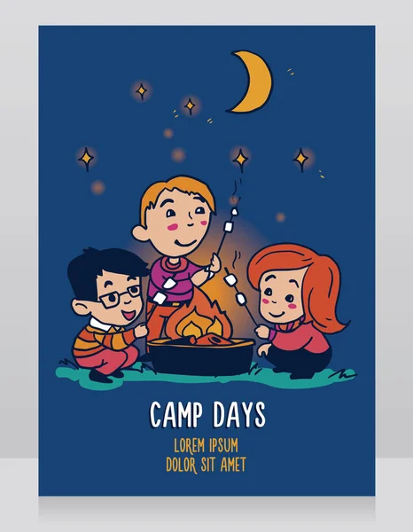 海报夏令营 卡与可爱的卡通孩子烹饪棉花糖 矢量插图 — 图库矢量图片