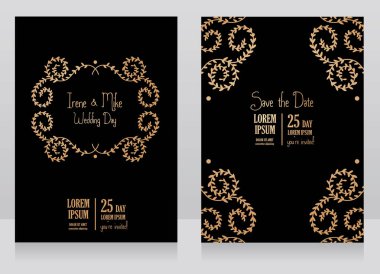 Klasik tasarımda iki çiçekli düğün kartları, siyah arka plan üzerine altın süs, vektör illüstrasyon