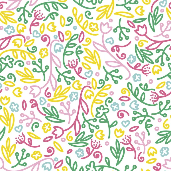 Patrón Sin Costura Feliz Con Doodleflowers Hojas Colores Del Estilo — Archivo Imágenes Vectoriales