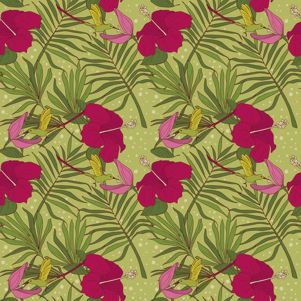 Patrón Sin Costura Con Colibríes Flores Tropicales Hojas Palma Ilustración — Archivo Imágenes Vectoriales